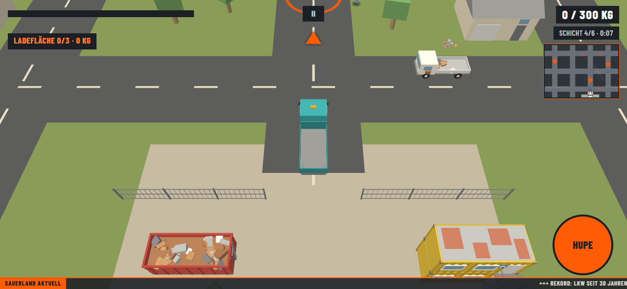Der Lkw fährt vom Platz auf die Straße, oben rechts eine kleine Karte der Stadt